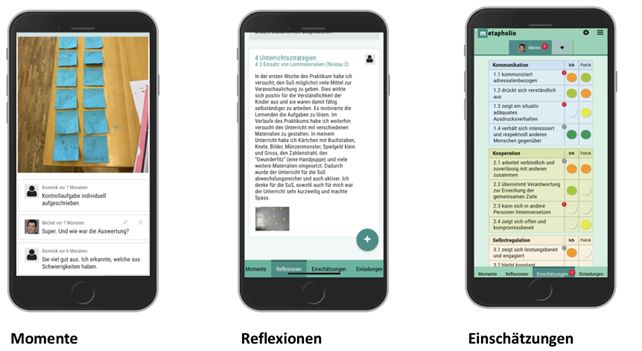 Das Bild zeigt drei Screenshots der App Metapholio. Auf den Bildern sind verschiedene Ansichten der App zu sehen.