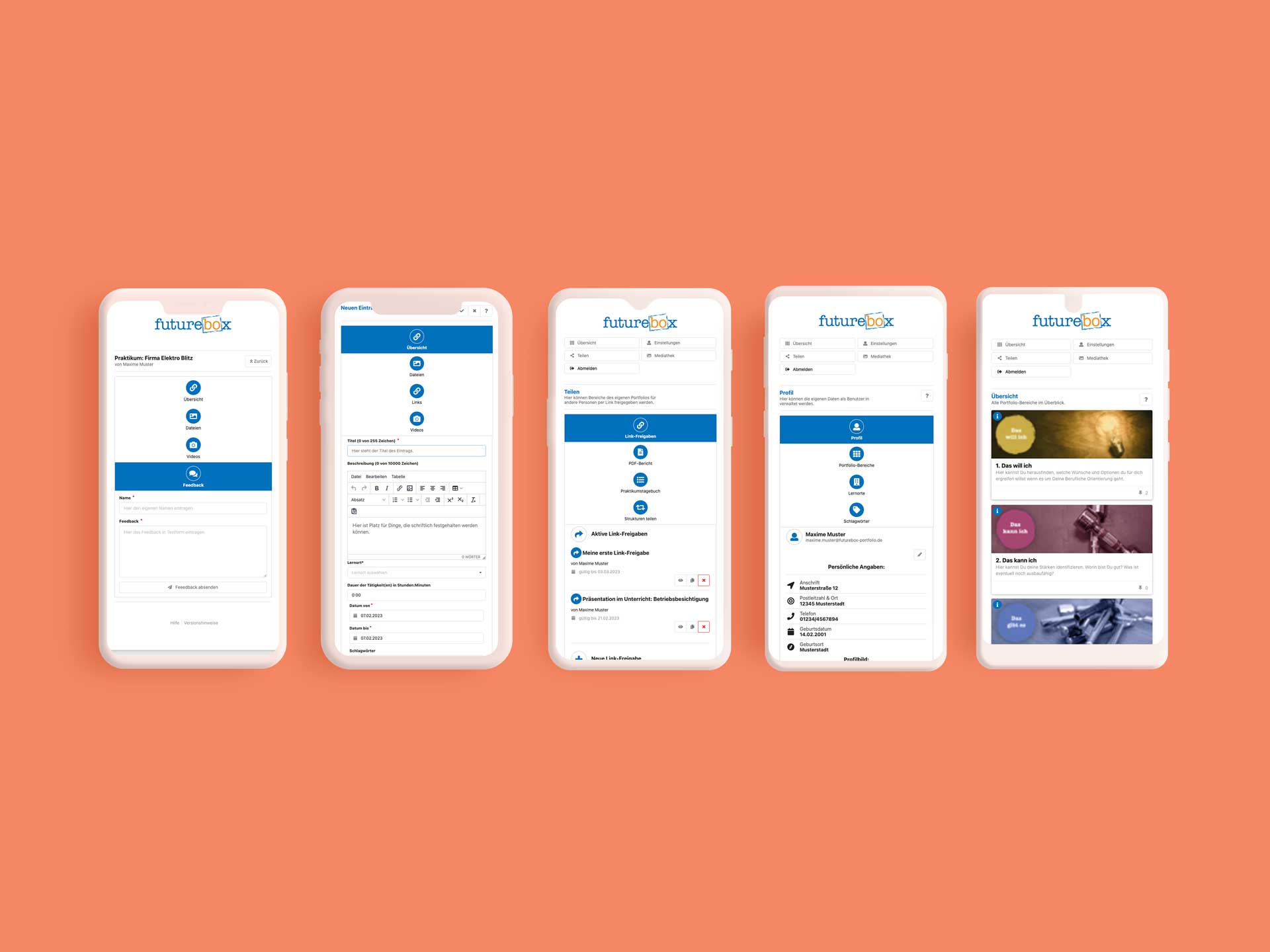 Das Bild zeigt Screenshots der App FutureBOX. Zu sehen sind verschiedene Ansichten der Benutzeroberfläche.