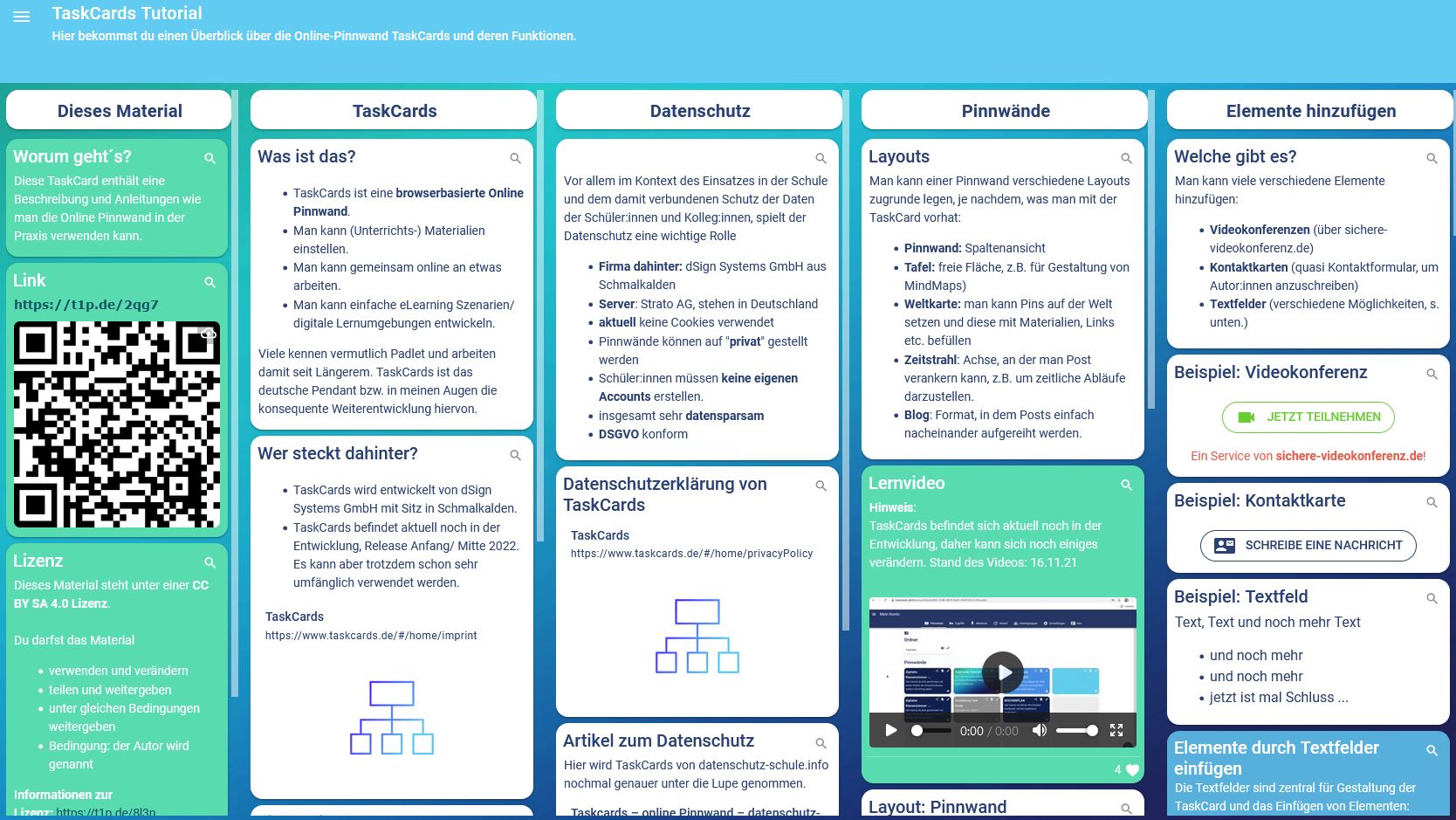Die Abbildung zeigt das Dashboard der Plattform Taskcards. Zu sehen ist eine digitale Pinnwand.